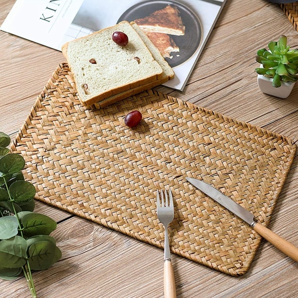 Helt naturligt handgjort vävt trä köksmatta, bordstabletter set med 2, utomhusrotting sjögräs, miljövänlig kork av kork av bambu, tvättbar