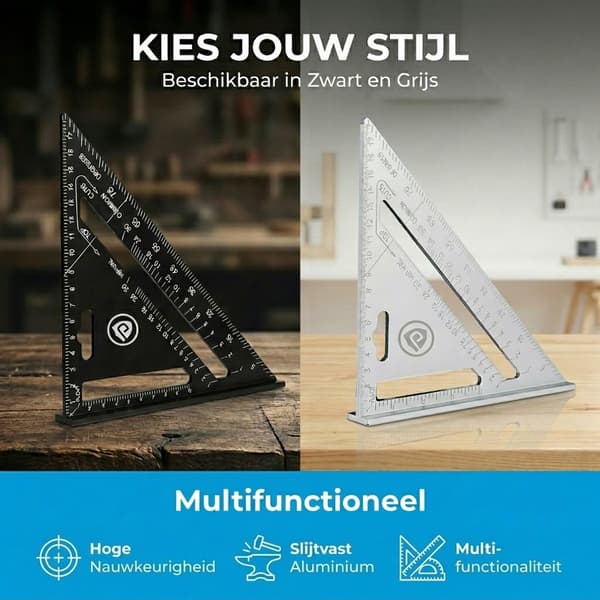 Speed Square 5 i 1 Aluminium Tømrer Vinkelmåler Trekant Lineal med Savguide til Træbearbejdning Markering Indramning, Sort