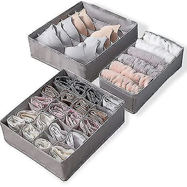 Alusvaatteiden vetolaatikon organizer, 3 set taitettava alusvaatelaatikon organizer ja kaapin jakajat, säilytyslaatikko vaatteille, sukille, alusvaatteille (3 laatikkoa, harmaa)
