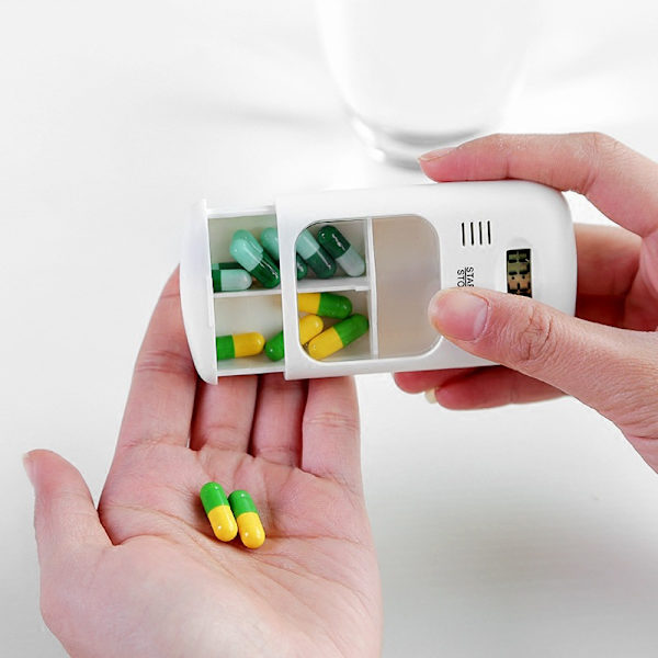 1 st Medicinbehållare - Medicinbehållare med Påminnelse om Piller - Två-fackig Medicinförvaring med Alarm, Automatisk Pillerbehållare
