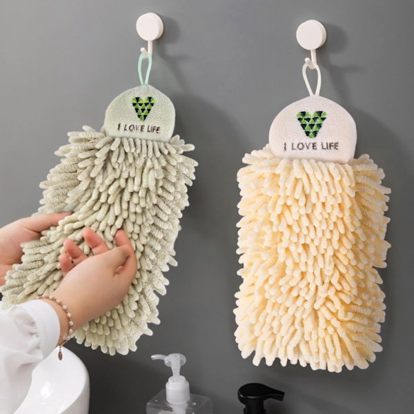 2 stk håndklær hengende fuzzy ball håndklær chenille håndklær for bad håndklær med hengeløkker beige og lysegrønn