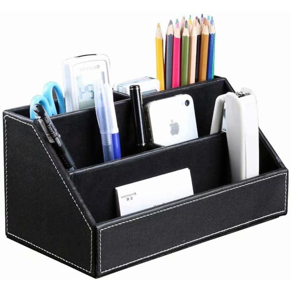 Wood Texture Leather Multifunctional Desk Organizer (black)