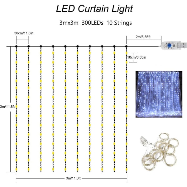 Kallvit Ljusgardin LED Ljuskedja LED Ljuskedja Gardin, Vattentät Dekoration För Jul, Festdekoration, Inomhusbelysning