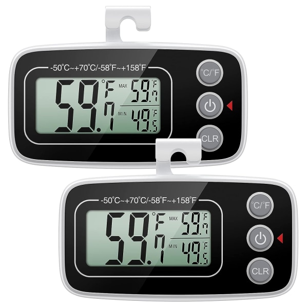 Jääkaapin lämpömittari, 2 pakkauksen digitaaliset pakastelämpömittarit, päivitetty jääkaapin lämpömittari suurella LCD-näytöllä, magneettinen - musta