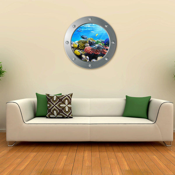 RYI)3D Ubåtsfönster väggdekal - Havsfisk (Diameter: 29cm)