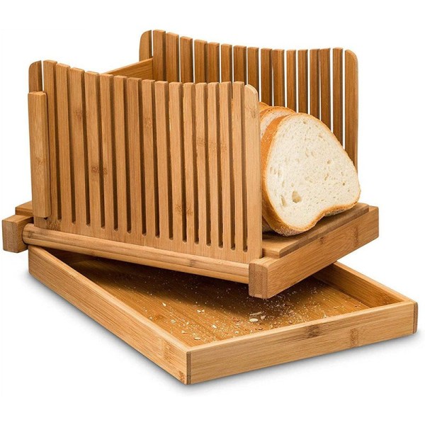Bambusbrødskærer til hjemmebagt brød, foldbar justerbar skærebredde med robust skærebræt i bambus, skære bagels eller endda