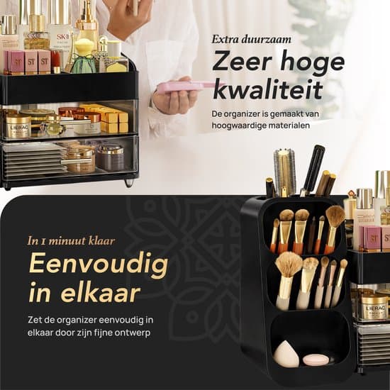 Makeup Organizer med Skuffer og Rum, Kosmetikopbevaring til Hudpleje, Parfume og Børster, til Badeværelsesvask, Sort