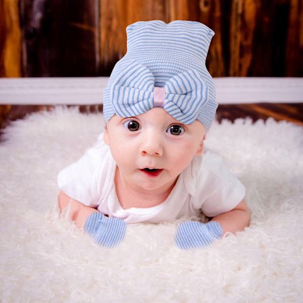 Barnkläder höst och vinter baby randig rosettformad hatt 2 st (Blå+rosa)