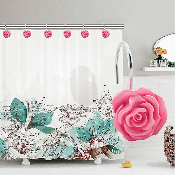 12 stk. Hjemmemode Dekorative Rustfrie Bruseforhængskroge Rose Design Bruseforhængsringe Kroge (rød)Pink Pink
