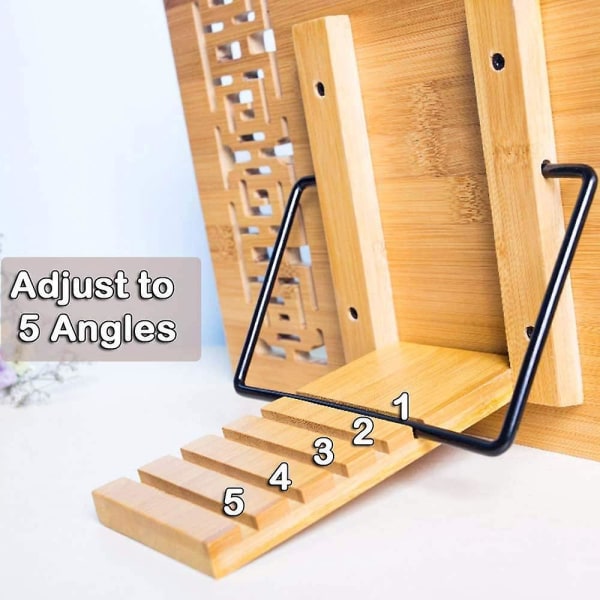 Bokställ i bambu, bokhållare med 2 sidhållare i metall, hopfällbart och justerbart stativ, för Ipad/ surfplatta/ kokböcker/ skrivbordsdokumenthållare (ihålig O