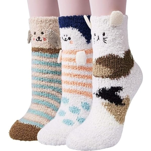 3 Par Fuzzy Sokker for Kvinner Vinter Varme Fluffy Myke Topplapper Hjem Sove Søte Dyr Sokker
