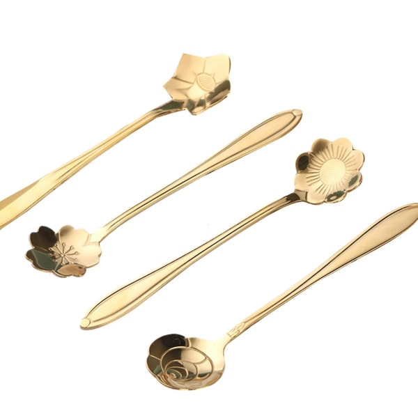 4 stk Søde Blomster Te Skeer Dessert Kaffe Skeer Guld