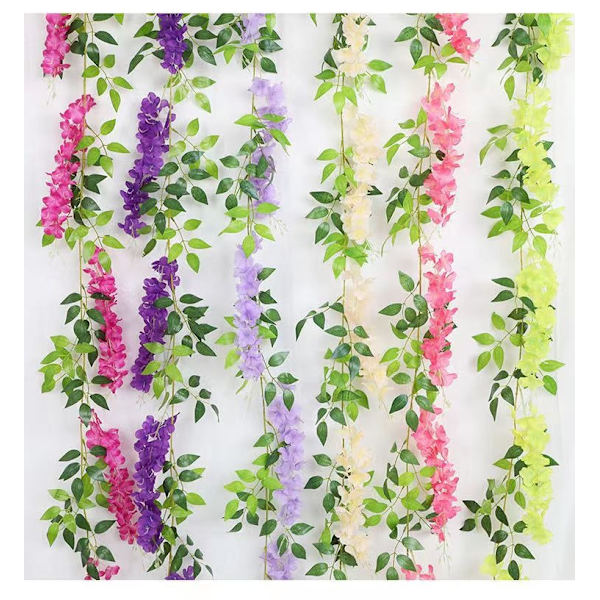Violetti-punainen 5-osainen keinotekoinen wisteria-kukkaköynnös, yhteensä 5 osaa 10 metriä keinotekoinen riippuva wisteria-köynnös silkki-kukka