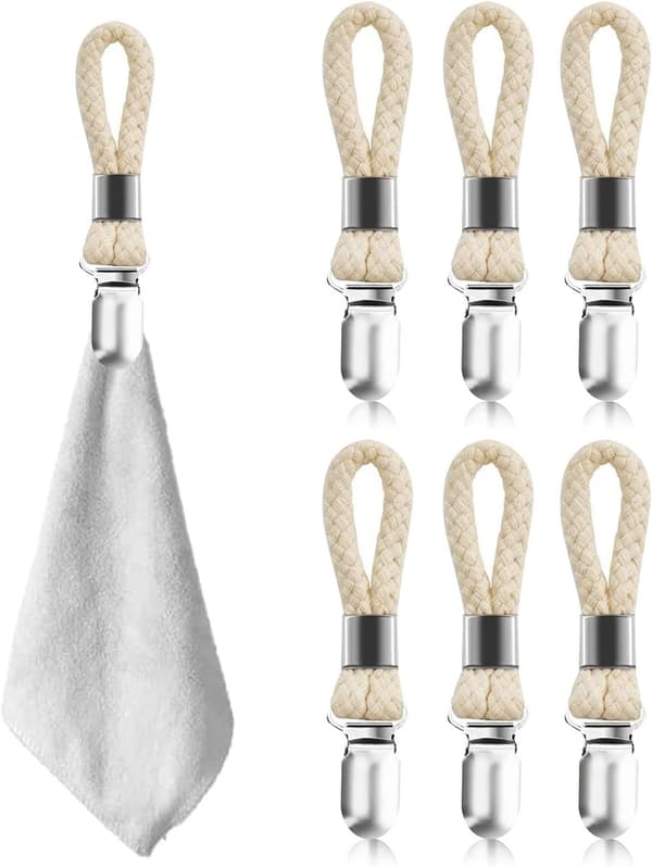 Handduksklämmor med öglor, bomull och rostfritt stål, 6-pack för handdukar och disktrasor, kök och badrum, 3 x 11 cm