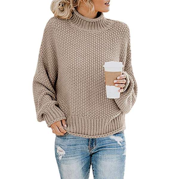 Dame Turtleneck Oversized Trøjer Batwing Langærmet Trøje Løstsiddende Chunky Knit Jumper Khaki L