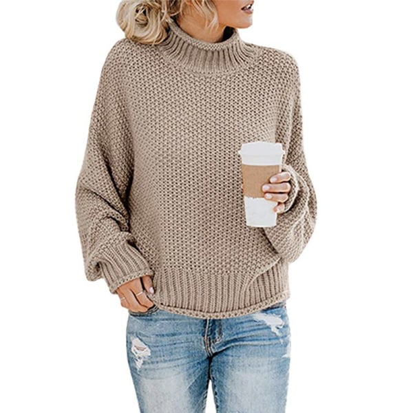 Dame Turtleneck Oversized Trøjer Batwing Langærmet Trøje Løstsiddende Chunky Knit Jumper Khaki M