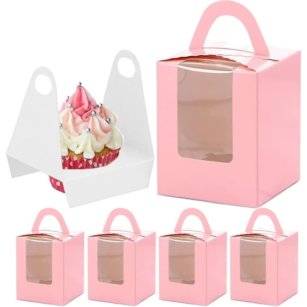 25 stycken individuella muffins, kaklådor, muffinskartonger, med inre stödram och handtag, för muffins, födelsedag, fest, bröllop (rosa)