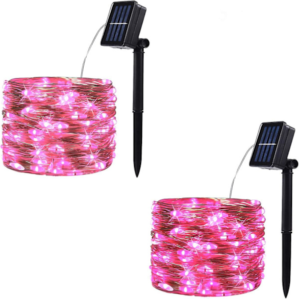 2-pack 100 LED Solcellsdrivna Ljuskedjor, Vattentät Koppartråd med 8 Ljuslägen för Trädgård, Patio, Fest, Jul, Hem - Rosa Pink