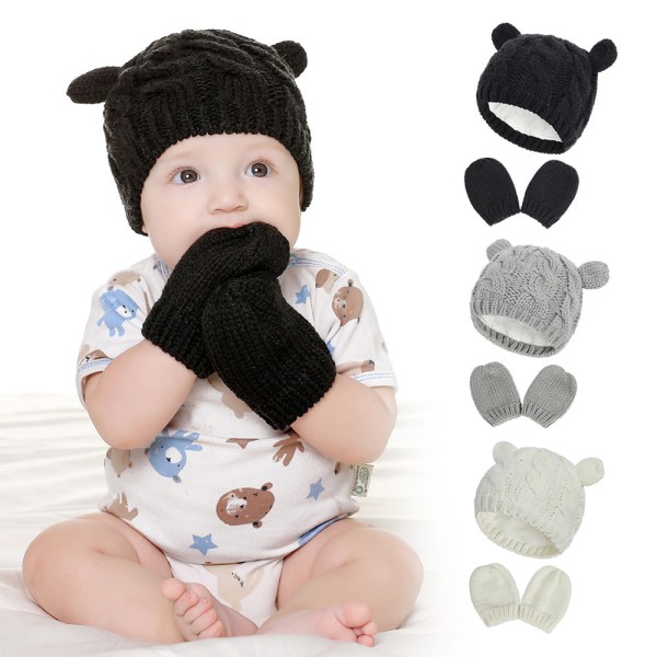 Baby och handskar, Baby Girl Boy Hat Handskar Set Vinterstickade mössor Baby Newborn Mössor för Baby 0-2 månader (L; Vit)