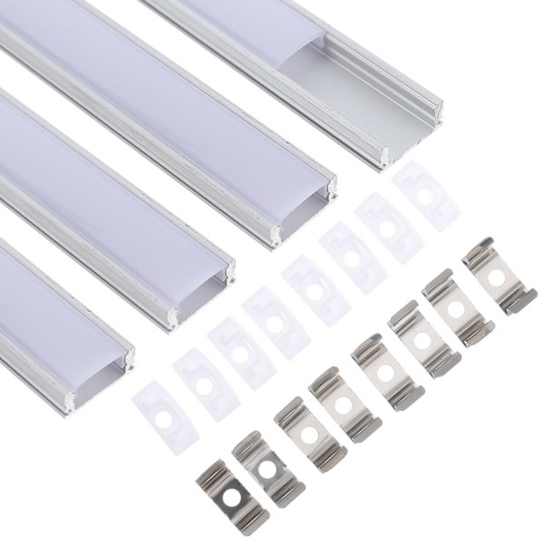 4 Sæt LED Kanal System Sølv U-formet LED Diffusor Med Mælkehvid Dækning Sølv 50X1.7cm Silver 50X1.7cm