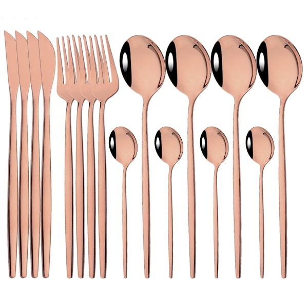 RYI_16 kpl Veitsi, Lusikka, Haarukka Set Maple Ruostumaton Teräs Pinkki Ruusu