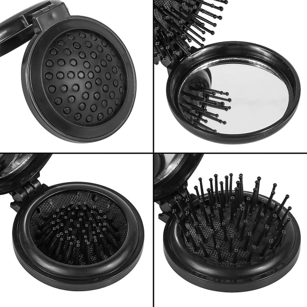 Sammenfoldelig rejsehårbørste med spejl, minikam/våde børster, kompakt lomme til hårmassage til kvinder og piger (3 stk, sort)