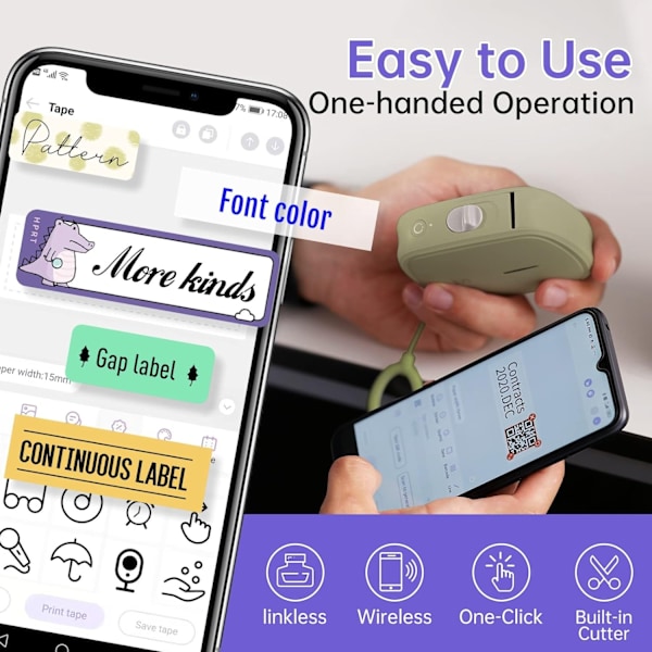 Etikettmaskin med Inbyggd Tejpklippare Bärbar Bluetooth Handhållen Klistermärkesprinter för Hemmakontor Organisation iOS Android