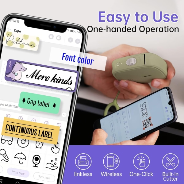 Etikettmaskin med innebygd tape-kutter Bærbar Bluetooth håndholdt klistremerkeskriver for hjemmekontororganisasjon iOS Androi