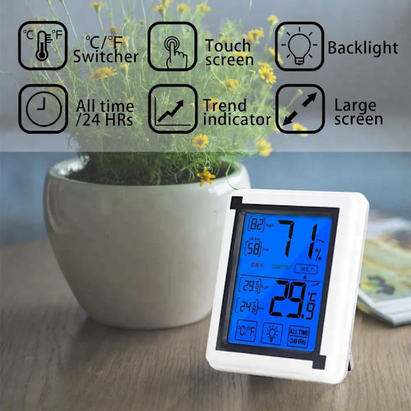 Digital Hygrometer Indendørs Termometer Luftfugtighed med Berøringsskærm og Baggrundsbelysning, Temperatur- og Luftfugtighedsovervågning, Stor LCD-Skærm, Min/Maks Optegnelser