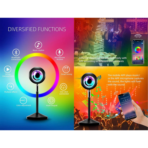 Solnedgangsprojektor App Smart Kontrol Solnedgangslys Musiksynkronisering Farveskiftende Regnbue Roterer med Fjernbetjening Farverig RGB LED Natprojektor