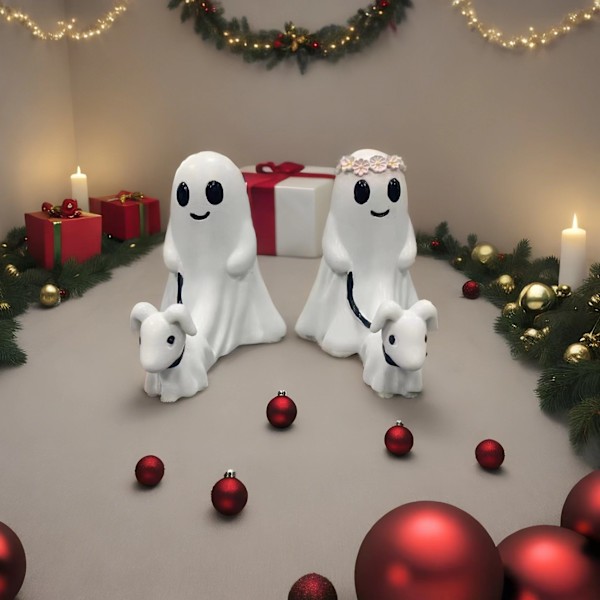 2 kpl Spooky Ghost Dog Halloween-hahmoja, Halloween Ghost Dog -patsaat, Haamu kävelee koiransa kanssa, sisä- ja ulkokäyttöön
