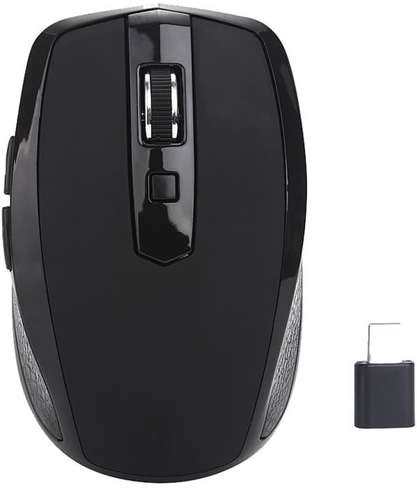 Trådløs mus, USB-C-mottaker, 2,4 GHz ergonomisk 6-knapps design, justerbar 800/1200/1600 DPI for MacBook, bærbare datamaskiner, svart