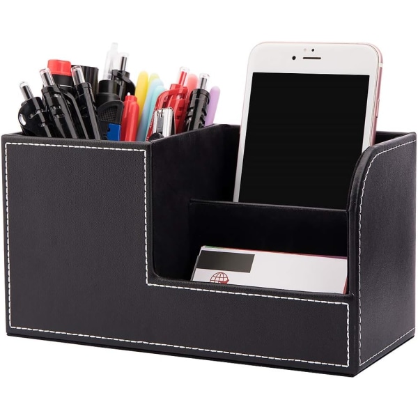 Skrivebordsoppbevaringsboks, multifunksjonell penneholder, stilig bordstativ i sort PU-skinn for oppbevaringsboks for skrivesaker, visittkort, penner, mobiltelefoner