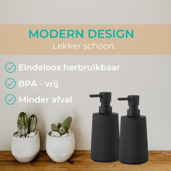 BUDDLEY Sæbedispenser Sæt med 2, Sorte Riflet Håndsæbepumpeflasker til Badeværelse, Køkkenbord og Toilet, Mat Sort