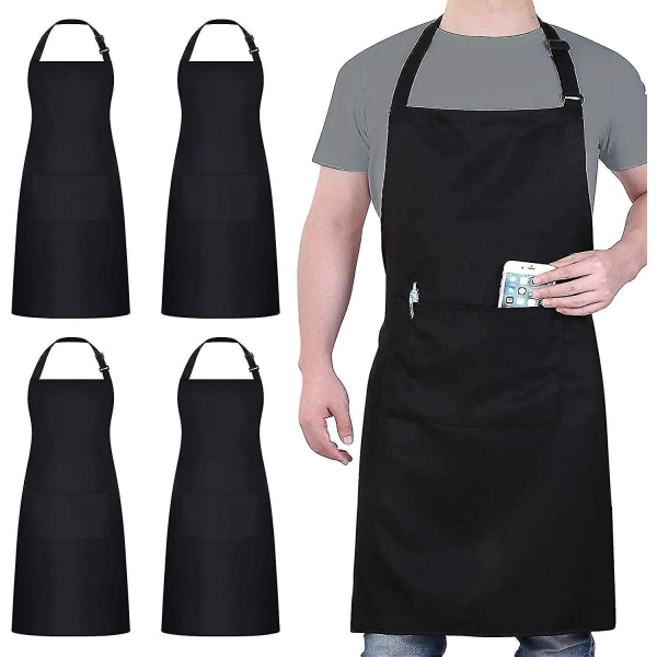 4-pak kokkeforklæde, vandtæt forklæde, justerbart forklæde med 2 lommer til mænd, kvinder, forklæde