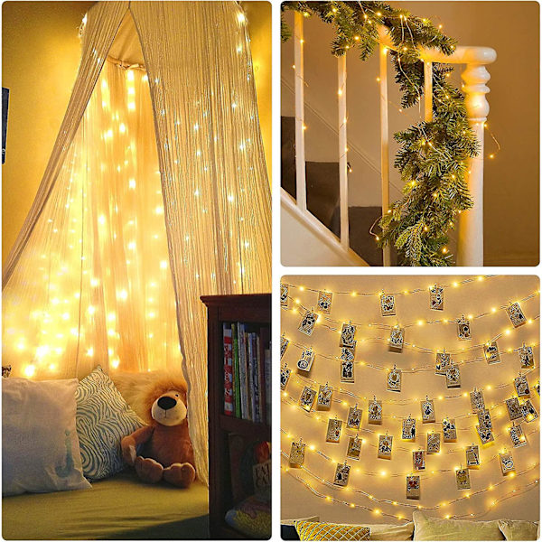2-pack 10m LED-ljusslingor, 2 ljuslägen, batteridrivna, 100 LED, silvertråd, för sovrum, vägg, julparty, bröllop, födelsedag, dekoration