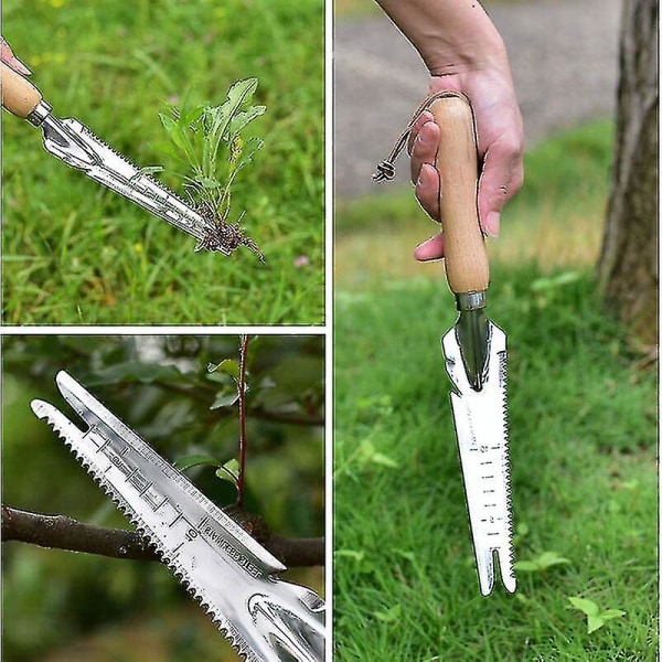 Ugressfjerner med trehåndtak, multifunksjonell i rustfritt stål, hageredskap for måling, spade, luking, omplanting, rustfritt stål, trehåndtak, plen