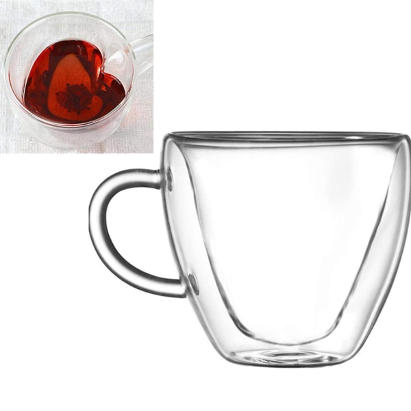 Hjärtformade dubbelväggiga isolerglas kaffekoppar eller tekoppar, mjölkkoppar, frostat glas, dubbelväggigt glas, 240 ml, transparent, unikt och är