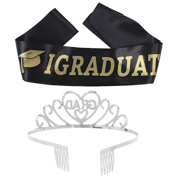 Valmistujaisnauha ja tiara -kristallikruunu satiininauhapakkauksella - Valmistujaisvarusteet - Musta 160x9.5cm Black 160x9.5cm