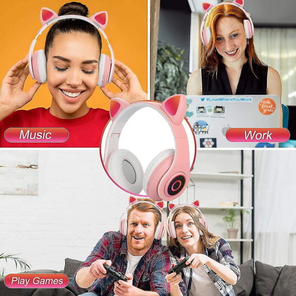 Bluetooth Over-ear-kuulokkeet Vaaleanpunainen Tyttö Kissa Korvakuulokkeet Led Light Taitettavat Stereo Langattomat kuulokkeet Kuulokkeet Lapsille Teleskooppinen Noise Canceli