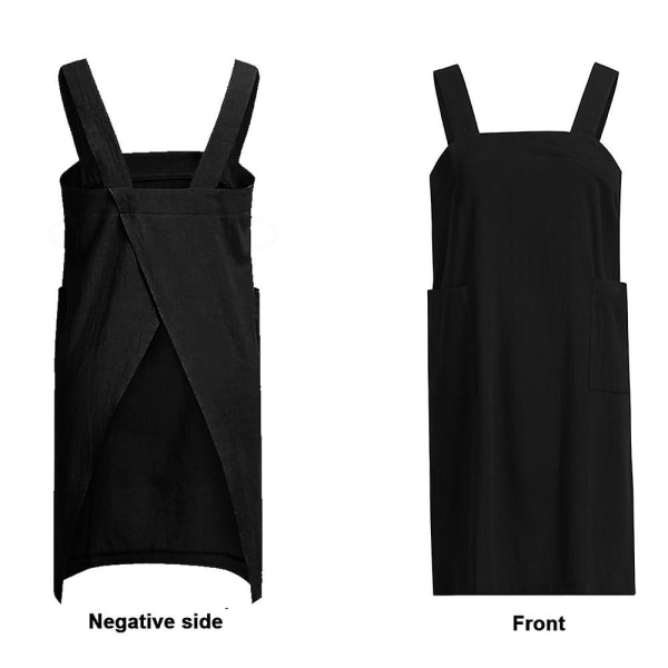 Løse hjemmeklær i bomullslin for kvinner, kryssryggforkle, pinafore-kjole for baking, matlaging, hagearbeid, arbeid 5XL svart 5XL Black