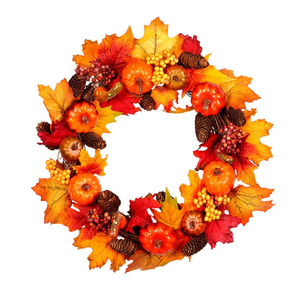 Efterårs ahornkrans 40 cm, efterårsgræskarkrans med kogler og græskar, velegnet til efteråret, Halloween, Thanksgiving hoveddørskrans