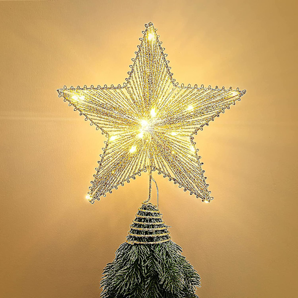 Stjerne Juletræ, Led Metal Glødende Juletræ Stjernelys, Traditionel Julepynt Juletræstop Med Feelygter Til Hjemmet, 9