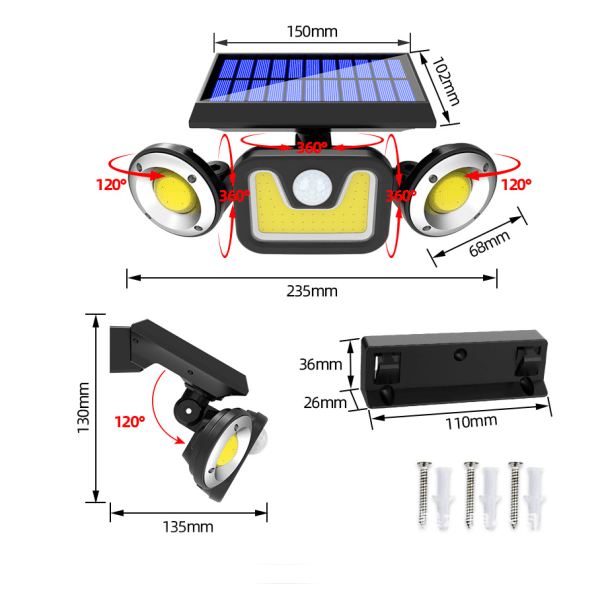 Solcellelampe LED solcelle vegglampe tre hoder utendørs vanntett vegglampe roterende menneskekropps induksjon hage lys (70 COB