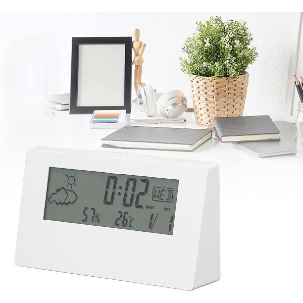 LCD Digital Väckarklocka Smart Nattlampa Väckarklocka Tid Datum Temperatur Luftfuktighet Display Sängbords Batteridriven Klocka (1st, Vit)