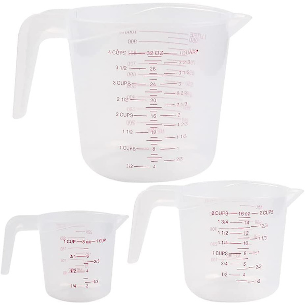 3 stk. Plastik Målekopper, Målekop, Plastik Målekop, Gradueret Målekop Med Håndtag - 1000ml, 500ml, 250ml