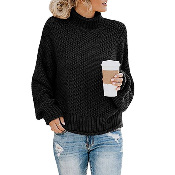 Dame Turtleneck Oversized Trøjer Batwing Langærmet Trøje Løstsiddende Chunky Knit Jumper black S