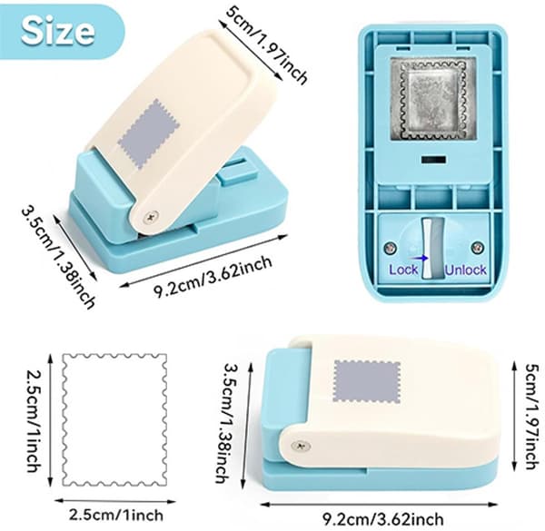 Firkantet papirstanse, stempelformet kutter, 2,5 x 2,5 cm med oppsamlingsbrett for scrapbooking, kort, konvolutter og journalføring, blå