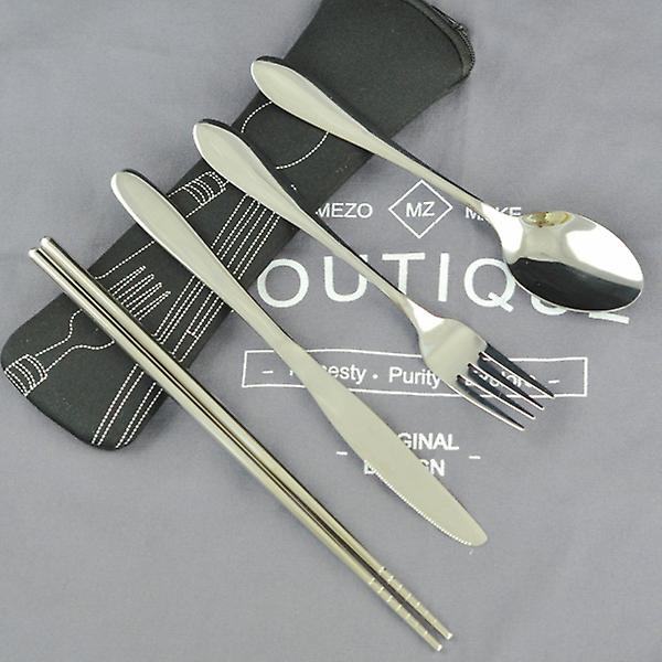 1 Set Rostfritt Stål Bestick Set Bärbar Lätt Resa Camping Bestick Set Med Spis Sticka Sked För Hem (Svart Fyra-delad Set)