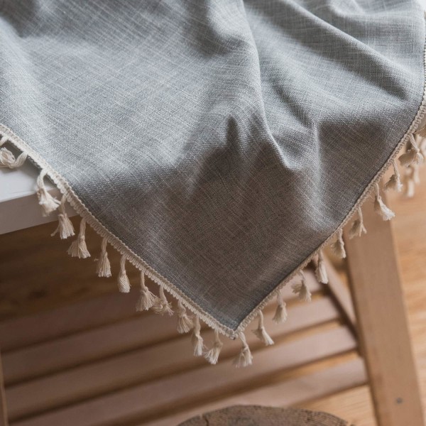 Puuvillainen ja pellavainen pöytäliina brodeerattu pomponeilla, suorakaiteen muotoinen pöytäliina, sohvapöydän cover , harmaa, 140*200 CM
